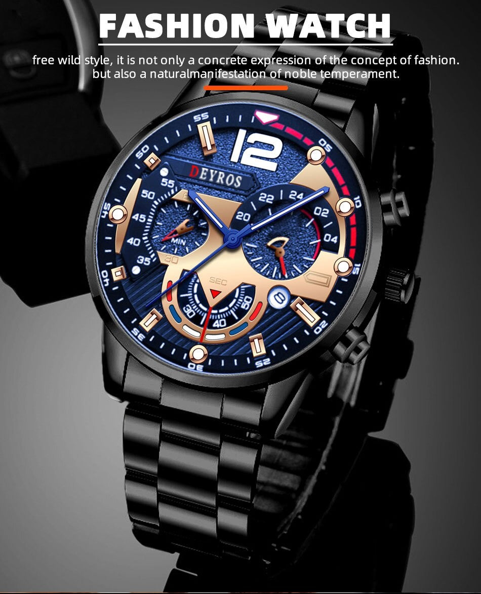 Relógio de pulso quartzo aço inoxidável masculino, Relógios de luxo, Calendário