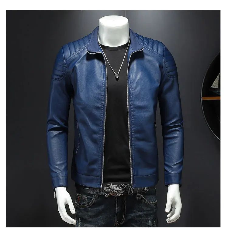 Jaqueta de motocicleta slim fit masculina, casaco de couro com gola elegante