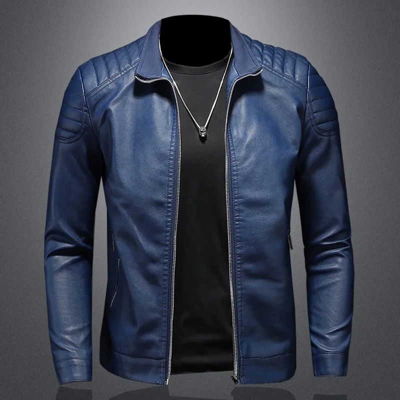 Jaqueta de motocicleta slim fit masculina, casaco de couro com gola elegante