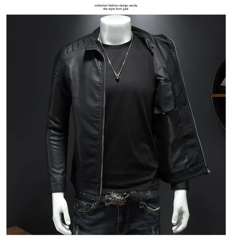 Jaqueta de motocicleta slim fit masculina, casaco de couro com gola elegante