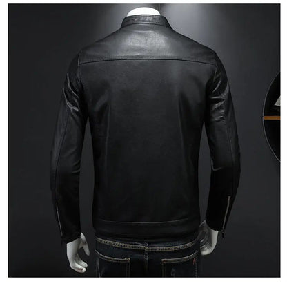 Jaqueta de motocicleta slim fit masculina, casaco de couro com gola elegante
