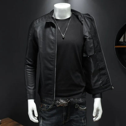 Jaqueta de motocicleta slim fit masculina, casaco de couro com gola elegante