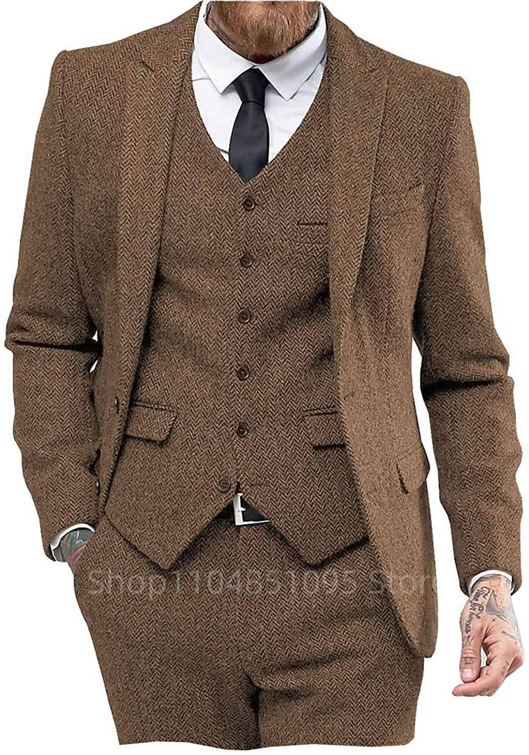 Ternos masculinos de lã tweed, marrom/preto, espinha de peixe