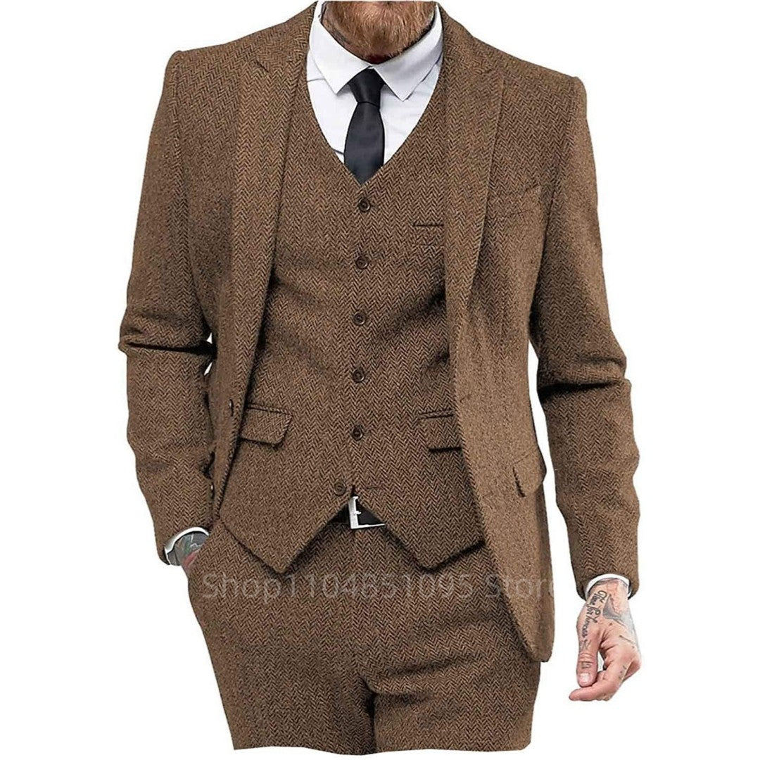 Ternos masculinos de lã tweed, marrom/preto, espinha de peixe