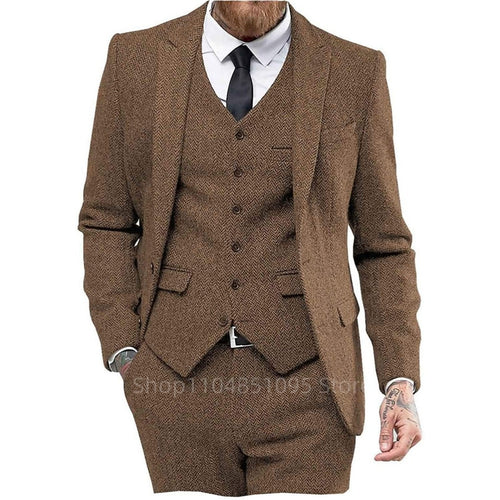 Ternos masculinos de lã tweed, marrom/preto, espinha de peixe