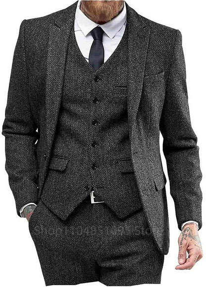 Ternos masculinos de lã tweed, marrom/preto, espinha de peixe
